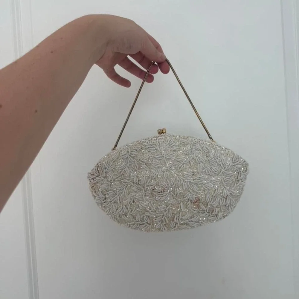 Vintage Handmade Hong Kong White Beaded Evening Bag